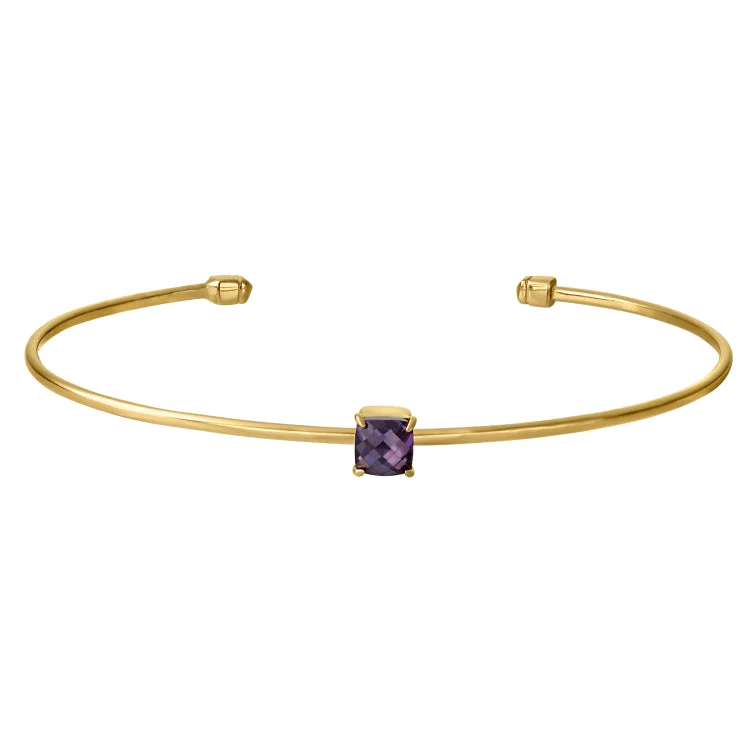 Fashion Forward Leather Bracelets-Gold Finish Sterling Silver Pliable Cuff Bracelet with Faceted Cushion Cut Simulated Amethyst Birth Gem - February