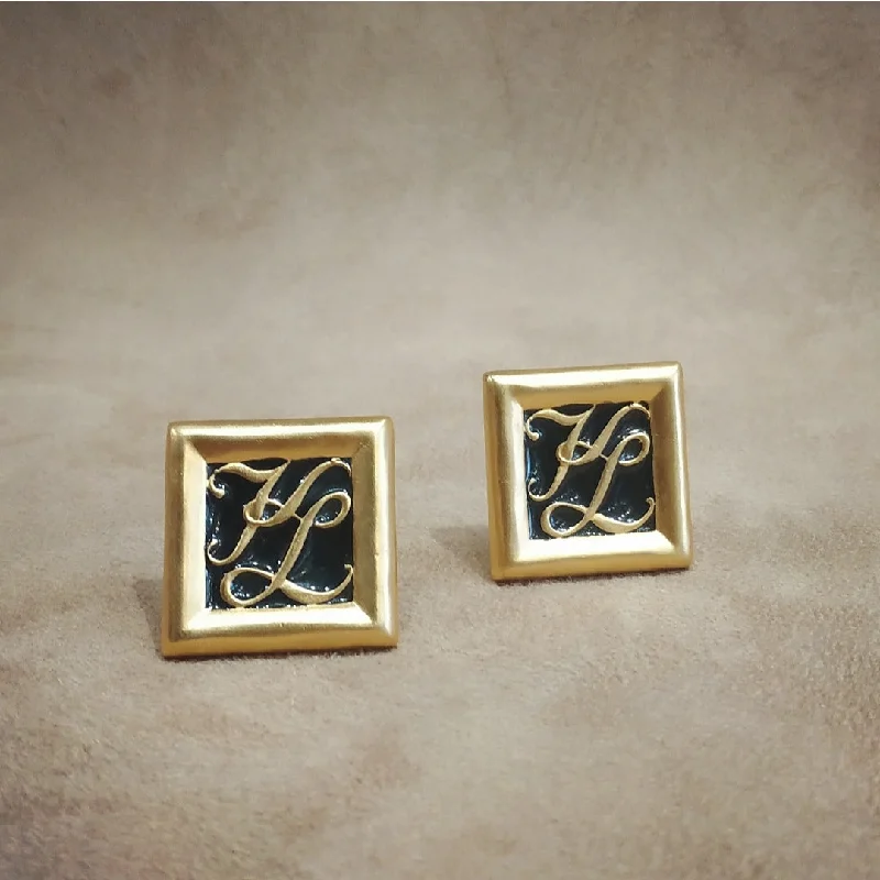 Matching Necklaces For Couples -Hand Painted Earrings-Karl Lagerfeld Gold Black Square Clip On earrings