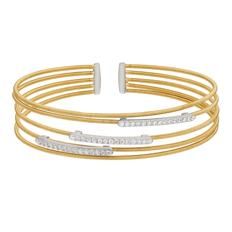 Customizable Charm Bracelets-Gold Finish Sterling Silver Multi Cable Cuff Bracelet with Rhodium Finish Simulated Diamond Horizontal Bars