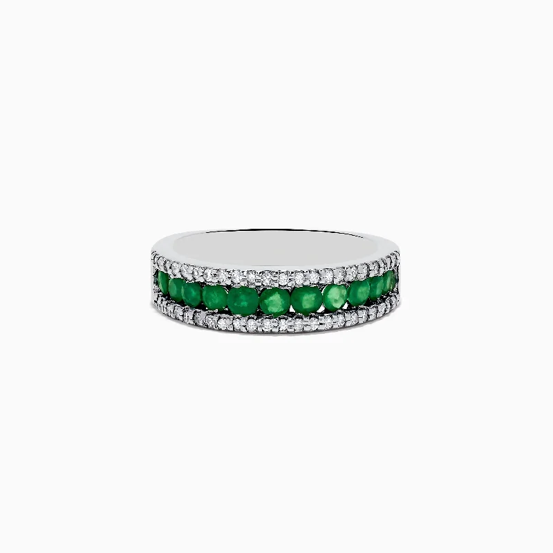 Vintage Wedding Bands With Custom Cut-Brasilica 14K White Gold Emerald and Diamond Ring, 1.02 TCW