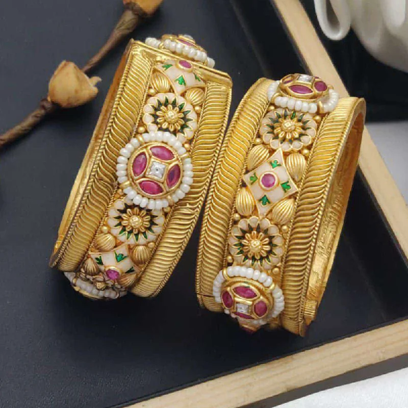 Handcrafted Gemstone Bangles For Unique Styles-Akruti Collection Gold Plated Pota Stone And Meenakari Openable Bangles Set