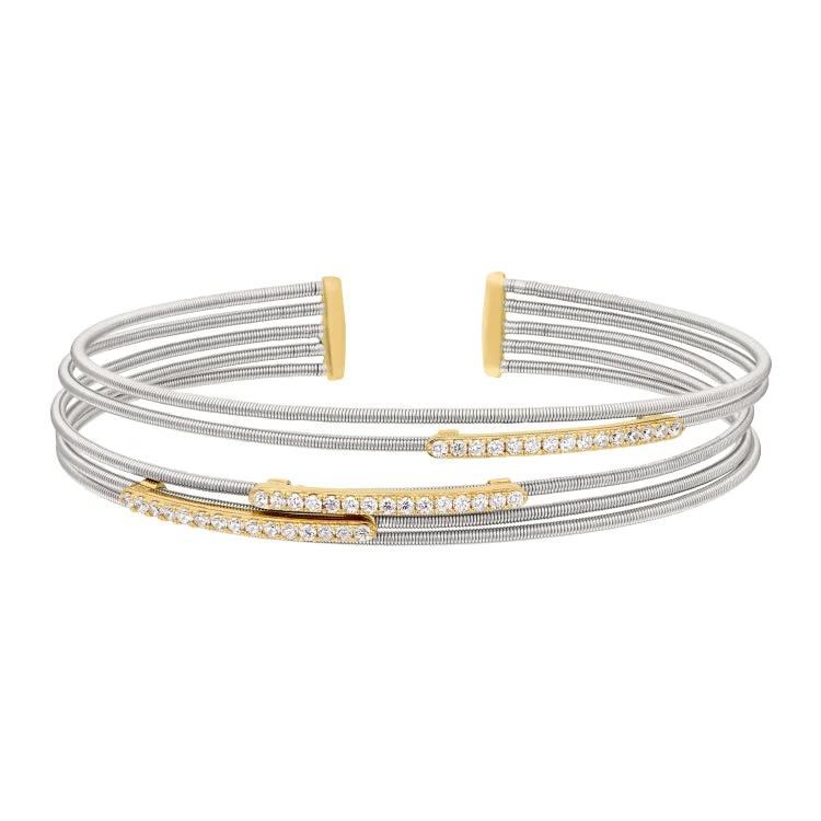 Elegant Crystal Bracelets-Rhodium Finish Sterling Silver Multi Cable Cuff Bracelet with Gold Finish Simulated Diamond Horizontal Bars