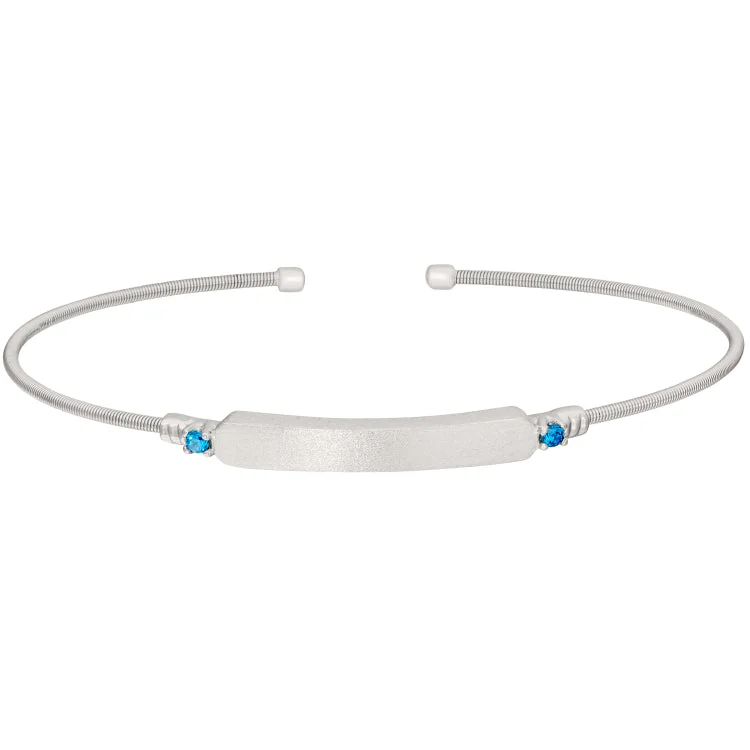 Handwoven Friendship Bracelets-Rhodium Finish Sterling Silver Cable Cuff Bracelet with Name Plate and Simulated Blue Zircon Birth Gems - December