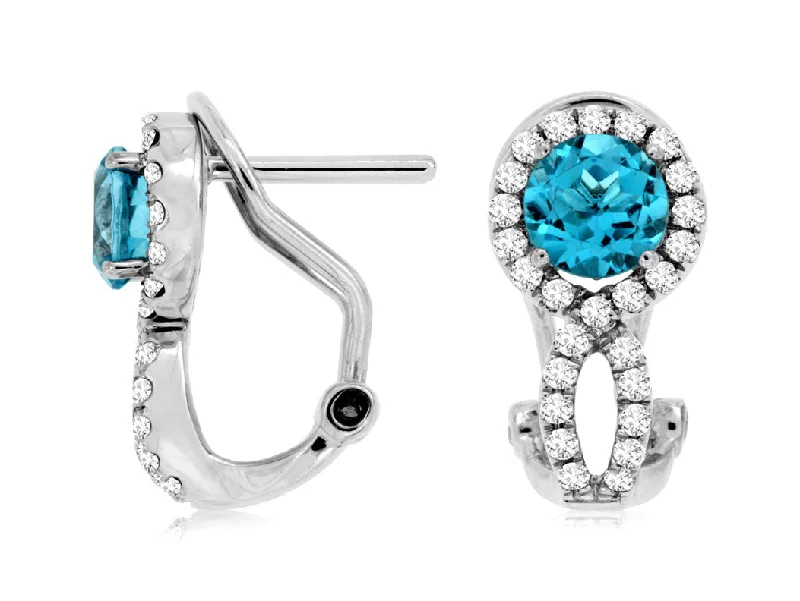 Gemstone Cluster Necklaces For Stylish Women -Classic Hoop Stud Earrings-14k White Gold Round Blue Topaz and Diamond Earrings wc6102b