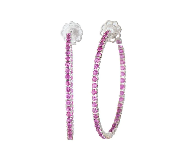 Antique Necklaces For Collectors -Luxury Silver Earrings-3.60ctw Pink Sapphire Inside Out Hoop Earrings in 18K