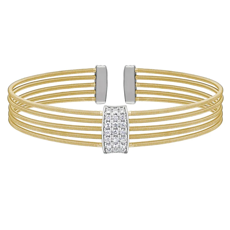 Custom Stone Bracelets-Gold Finish Sterling Silver Multi Cable Cuff Bracelet with Rhodium Finish Simulated Diamond Three Rows