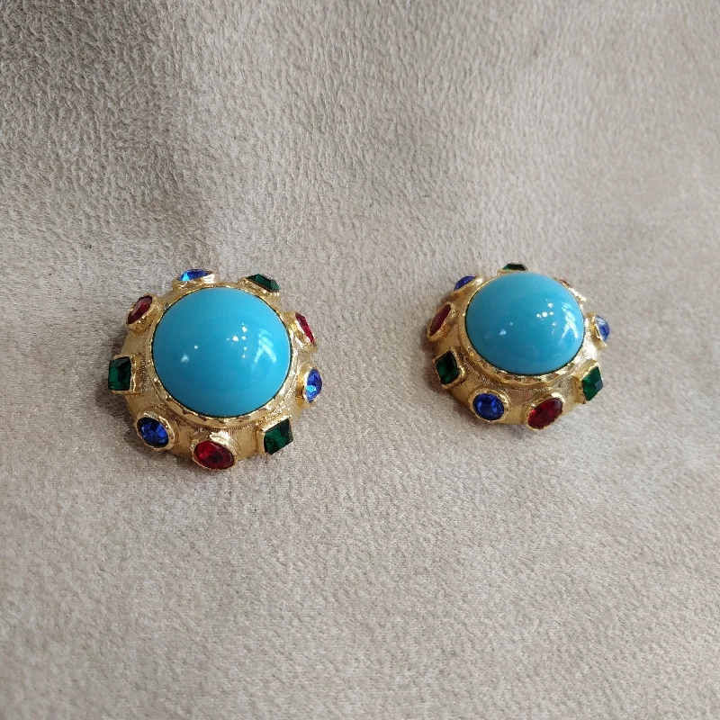 Diamond Necklaces For Special Occasions -Jade Earrings-Vintage round multi colour turquoise clip on earrings