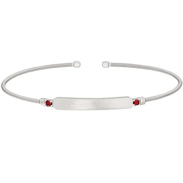 Women’s Crystal Bangle Bracelets-Rhodium Finish Sterling Silver Cable Cuff Bracelet with Name Plate and Simulated Ruby Birth Gems - July