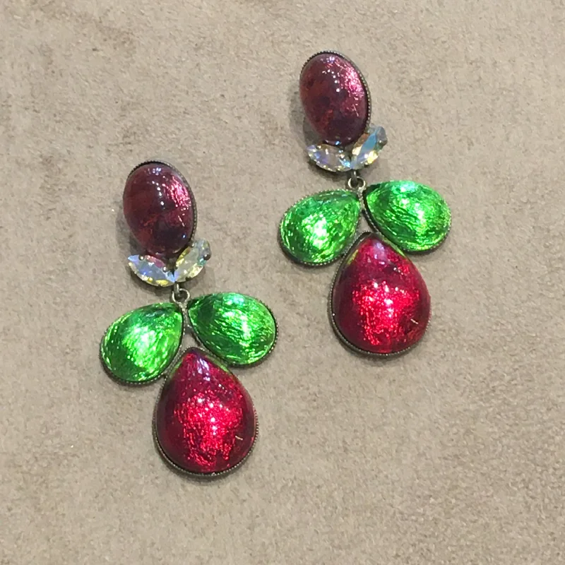 Classic Pearl Necklaces For Formal Events -Party Stud Earrings-Foiled glass Red, green statement earrings by Frangos