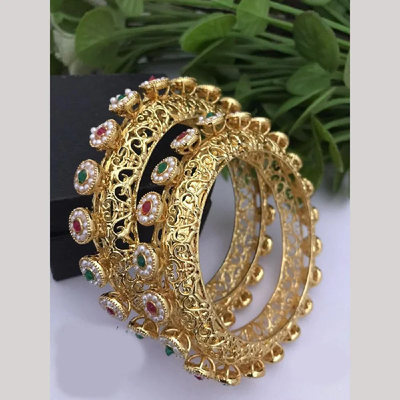 Women’s Casual Bangles For Everyday Wear-FS Collections Gold Plated Pota Stone And Pearls Bangles Set