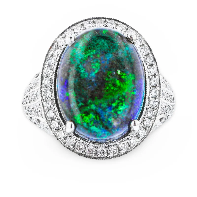 Designer Rings With Sapphire Stones-JULEVE 14KT WHITE GOLD 7.56CT BLACK OPAL & 1.15CTW DIAMOND HALO RING