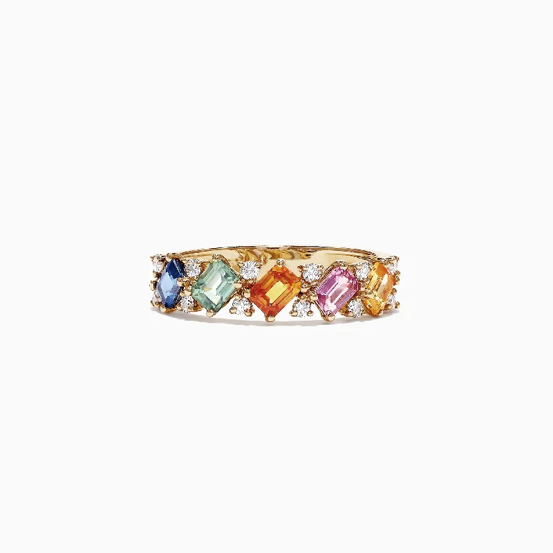 Customizable Engagement Rings For Her-Watercolors 14K Yellow Gold Multi-Sapphire Diamond Ring, 1.52 TCW