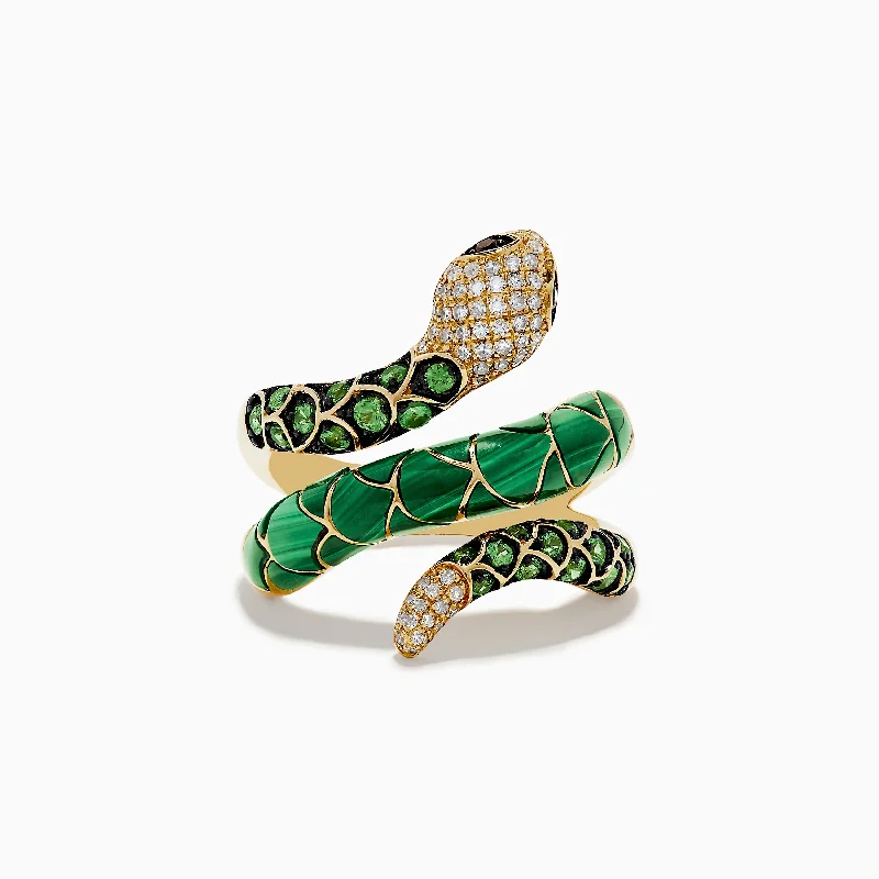 Affordable Wedding Rings With Rubies-Safari 14K Yellow Gold Tsavorite & Malachite Diamond Snake Ring