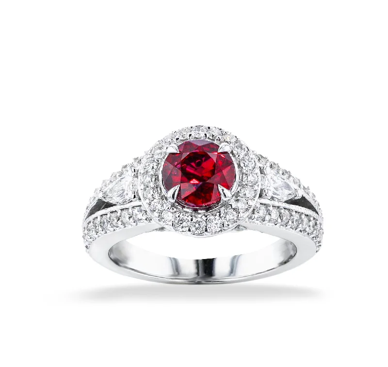 Platinum Engagement Rings With Sapphire Stones-JULEVE 18KT WHITE GOLD 1.52CT RUBY & 0.96CTW DIAMOND HALO RING