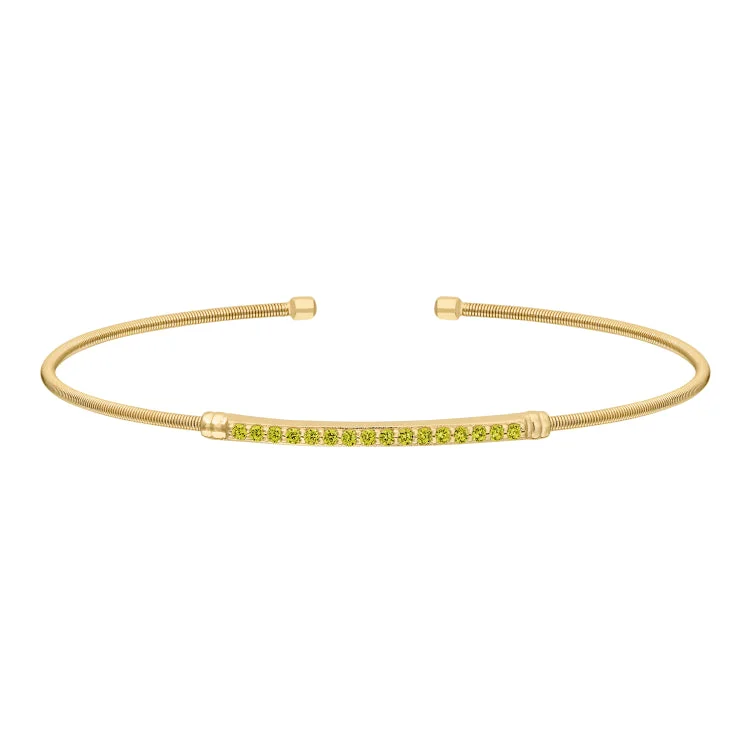 Women’s Stretch Bracelets-Gold Finish Sterling Silver Cable Cuff Bracelet with Simulated Peridot Birth Gems - August