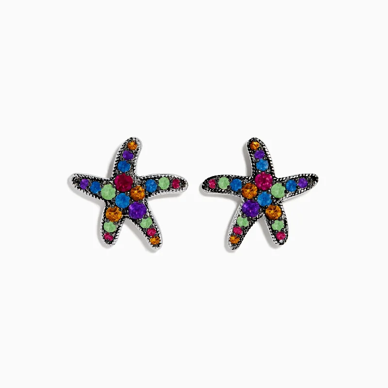 Cute Animal Necklaces For Kids -Gemstone Hoop Earrings-Seaside 925 Sterling Silver Multi Color Gemstone Starfish Earrings