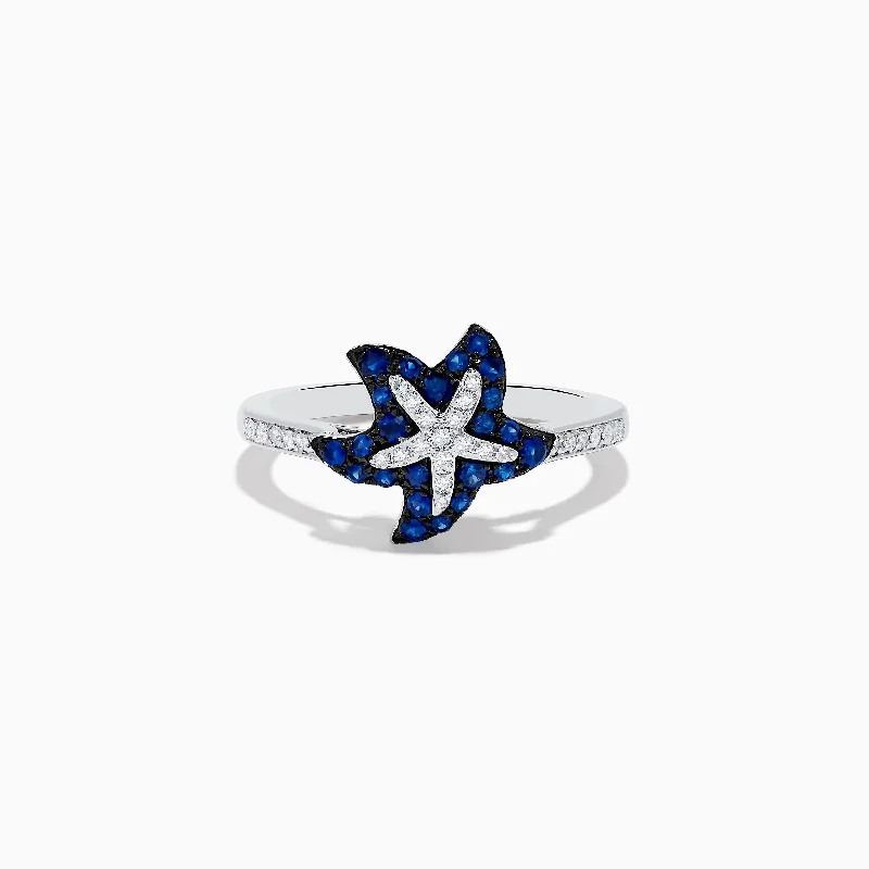 Handmade Engagement Rings With Diamonds-Seaside 14K White Gold Sapphire & Diamond Starfish Ring, 0.46 TCW