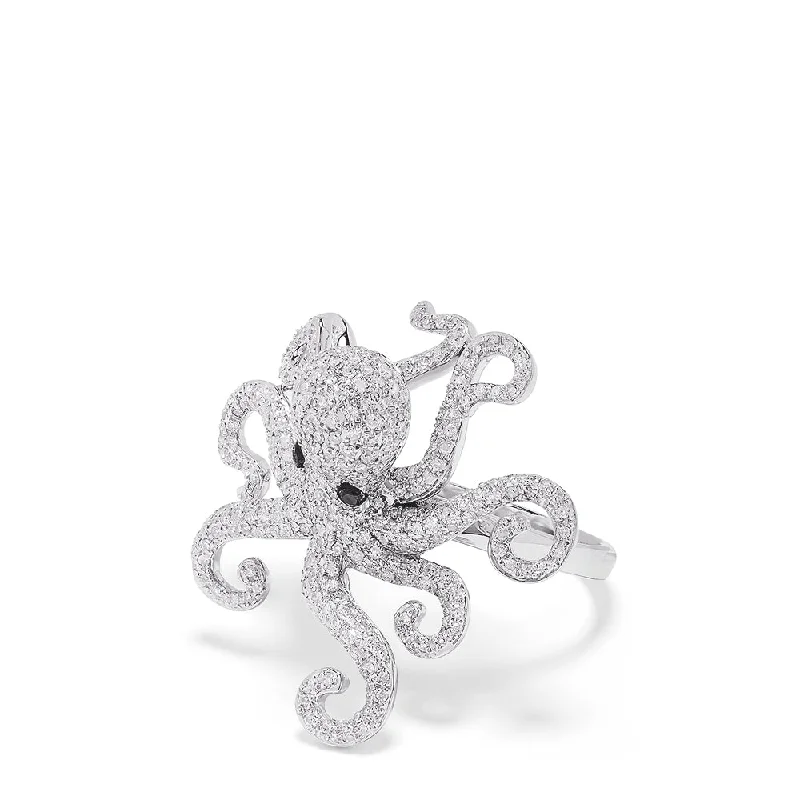 Men's Custom Wedding Rings With Engravings-Seaside 14K White Gold Diamond Octopus Ring, 1.33 TCW