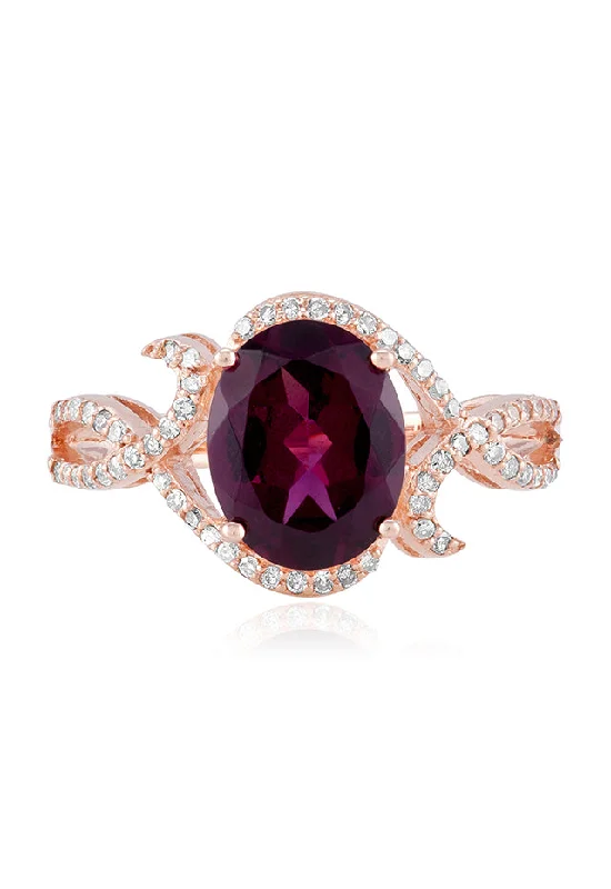 Wedding Bands With Colored Diamond Stones-Bordeaux 14K Rose Gold Rhodolite Garnet and Diamond Ring, 3.11 TCW