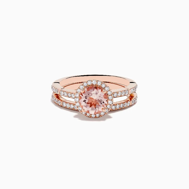 Women's Wedding Bands With Simple Gold Designs-Blush 14K Rose Gold Morganite and Diamond Two Ring Set