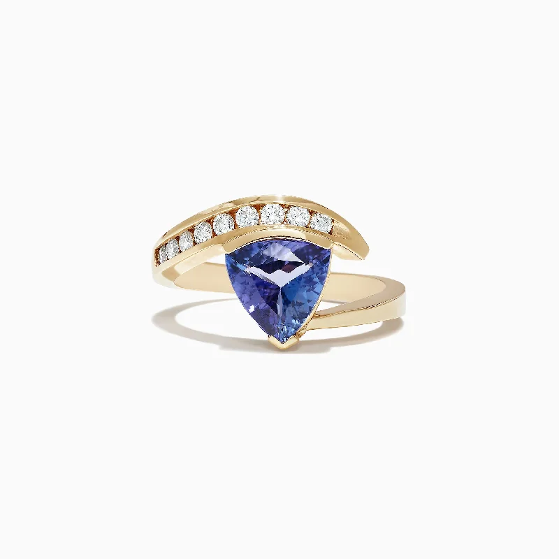 Wedding Rings For Men With Custom Stones-Nahla Siri 14K Yellow Gold Trillion Tanzanite and Diamond Ring, 1.88 TCW