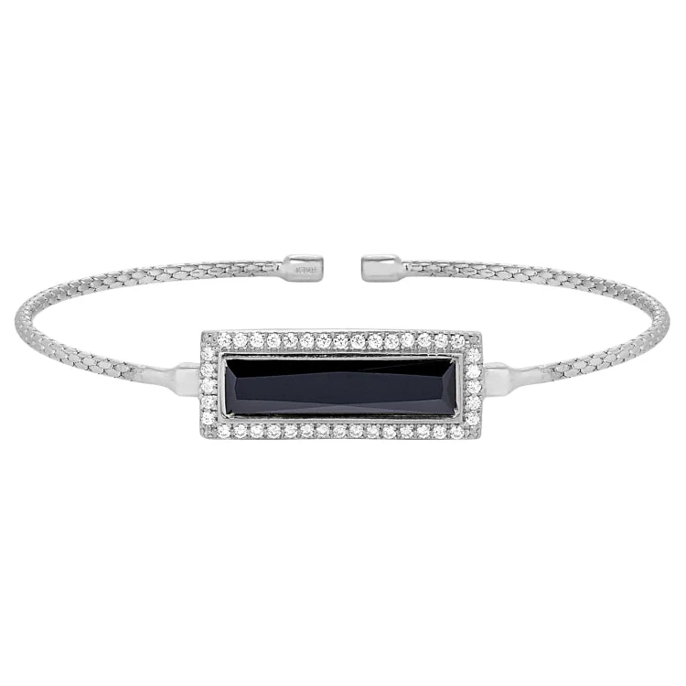 Vintage Inspired Bracelets-Rhodium Finish Sterling Silver Cable Cuff Bracelet with Rectangular Simulated Onyx Stone and Simulated Diamonds